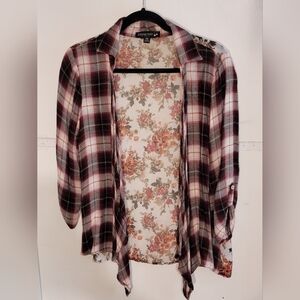 Living Doll Plaid Floral Open-Front Cardigan Size Medium